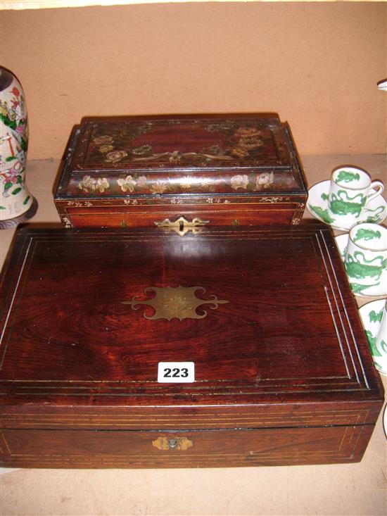 Georgian floral-painted sarcophagus tea caddy & a mahogany writing box (af)